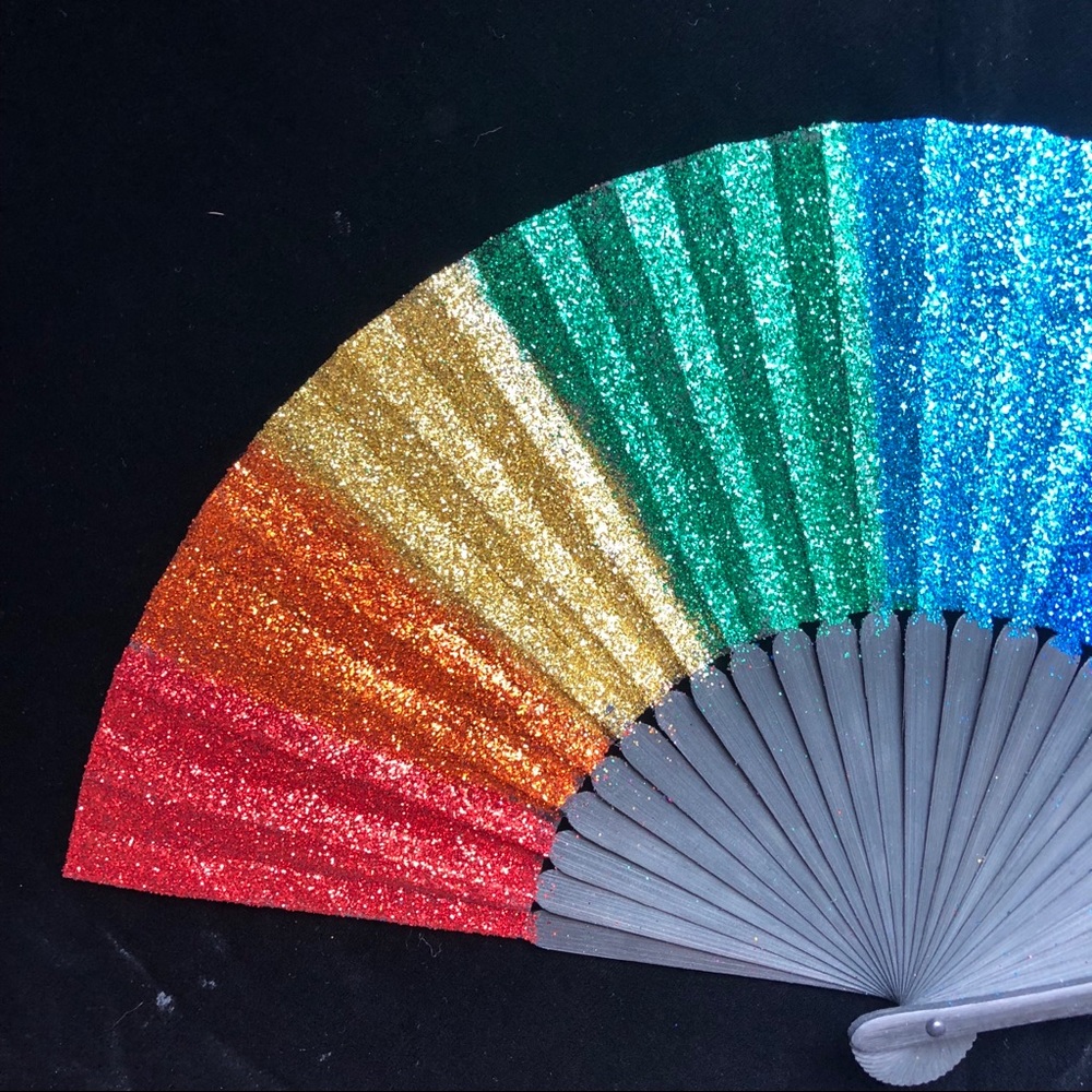 Rainbow festival folding fan rave glitter sparkle - Picture 2 of 8